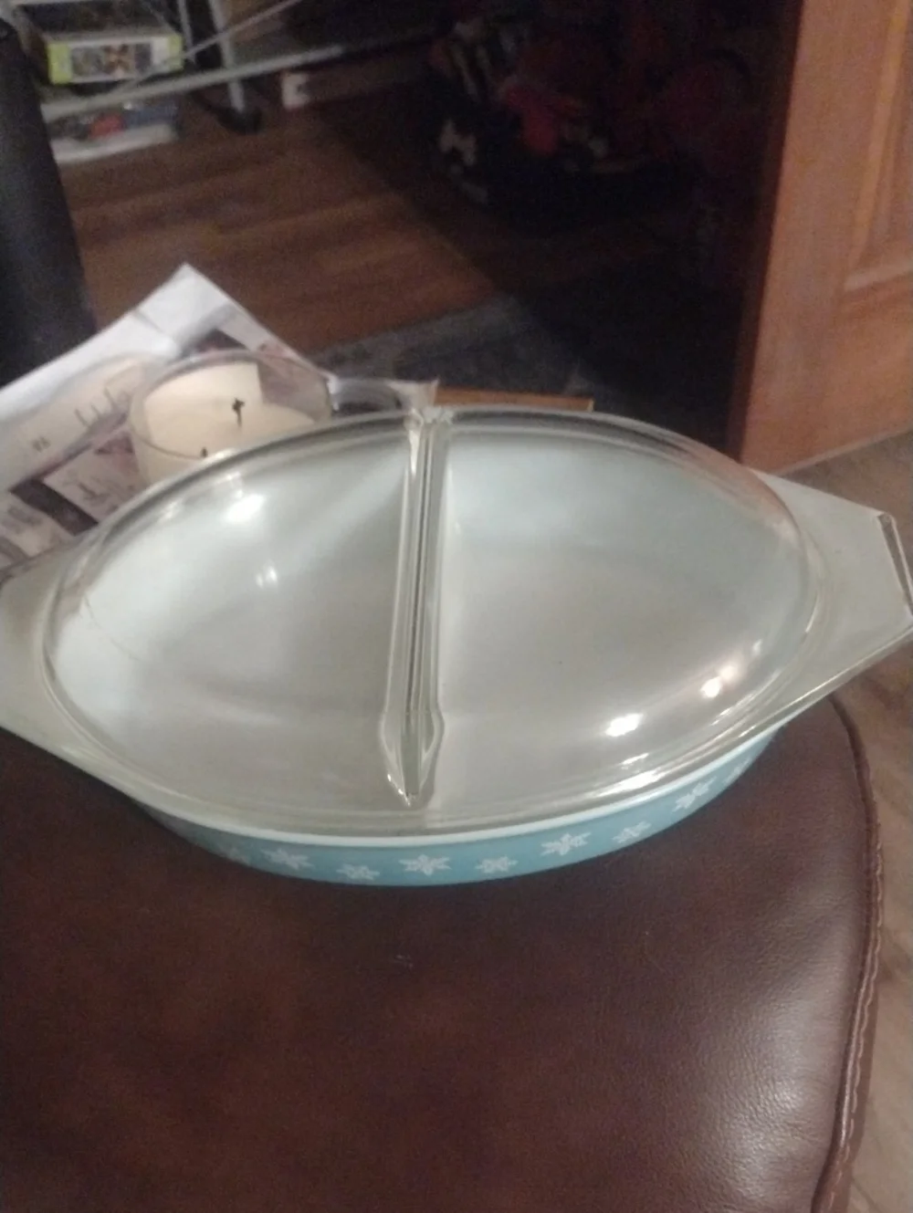 Pyrex Light Turquoise Blue with Snowflake Design Divided Casserole Dish with Lid